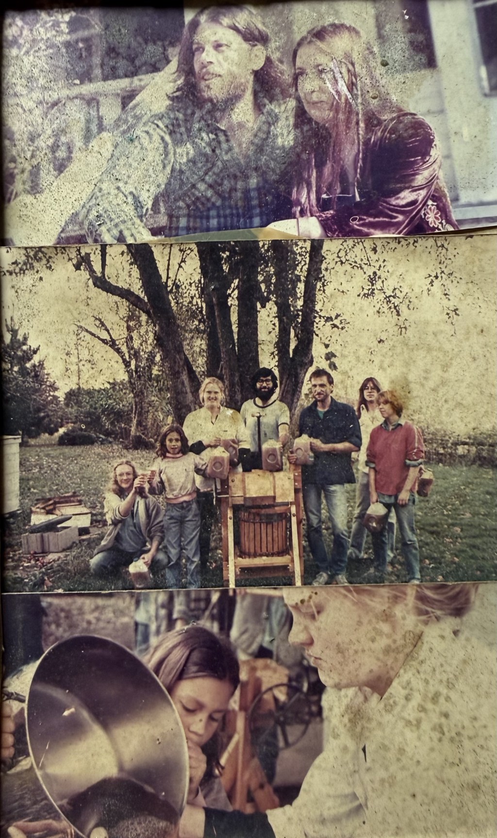 Three older snapshots photographed stacked together.