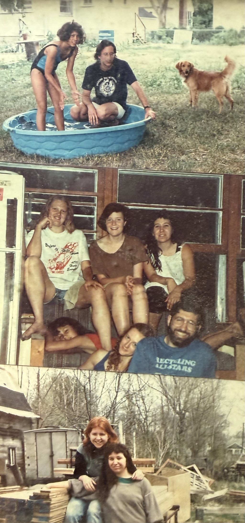 Three stacked snapshots including a kiddie pool and a golden retriever.