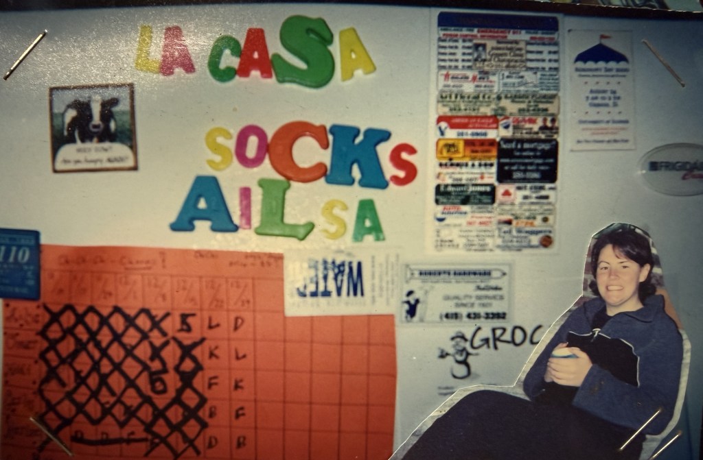 A kitchen wall with cut-paper letters spelling LA CASA SOCKS AILSA above a hand-drawn chore grid, takeaway menus and hardware store magnets.