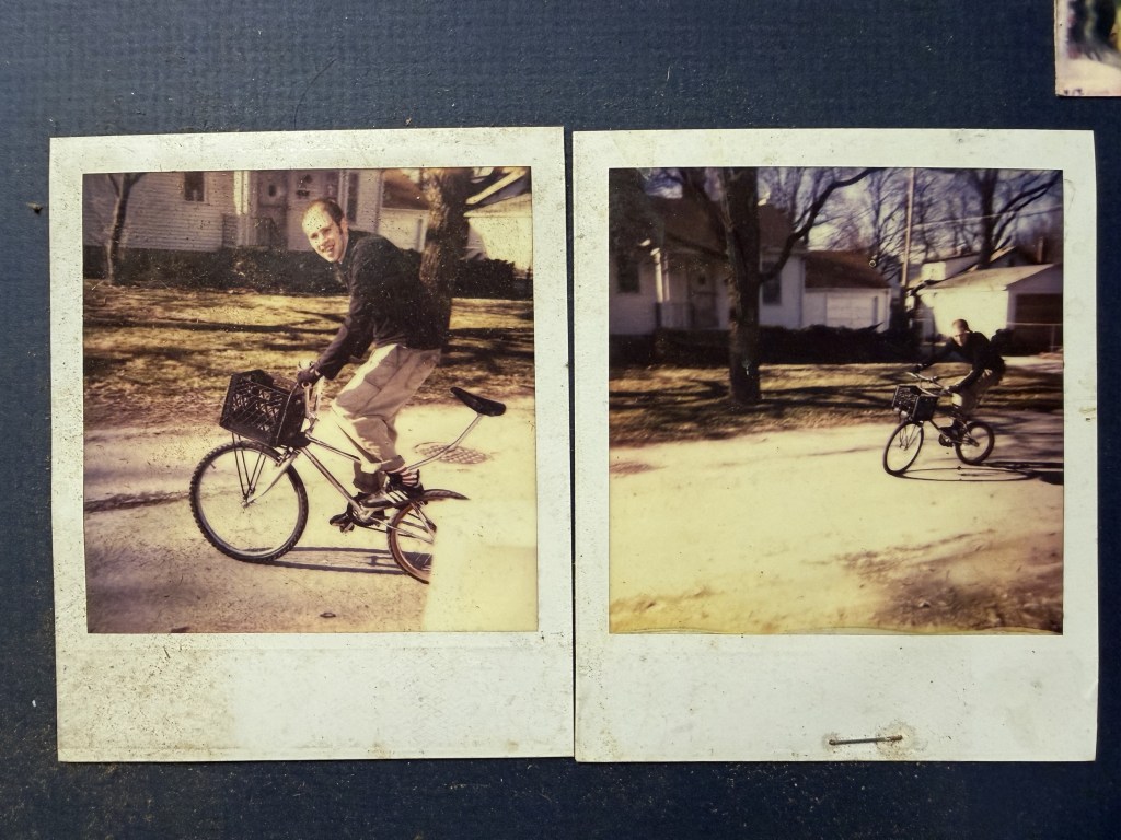 Two Polaroids of a man riding a bicycle.