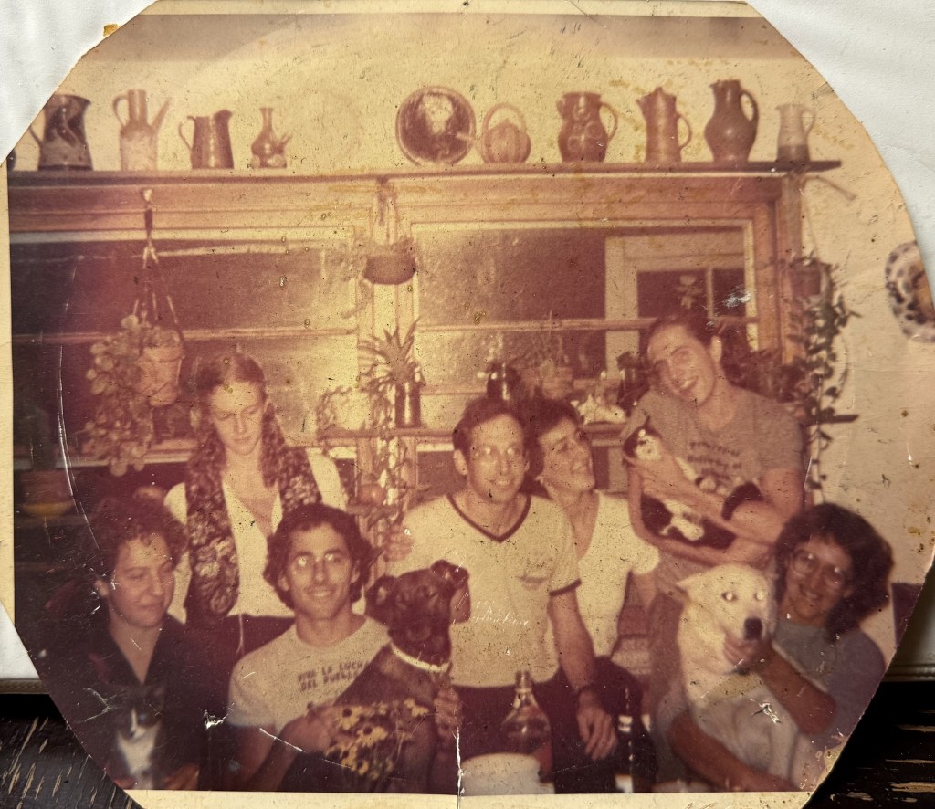Sepia group photograph in the kitchen, around eight people with two dogs and a cat, pottery ranked on a high shelf behind them.