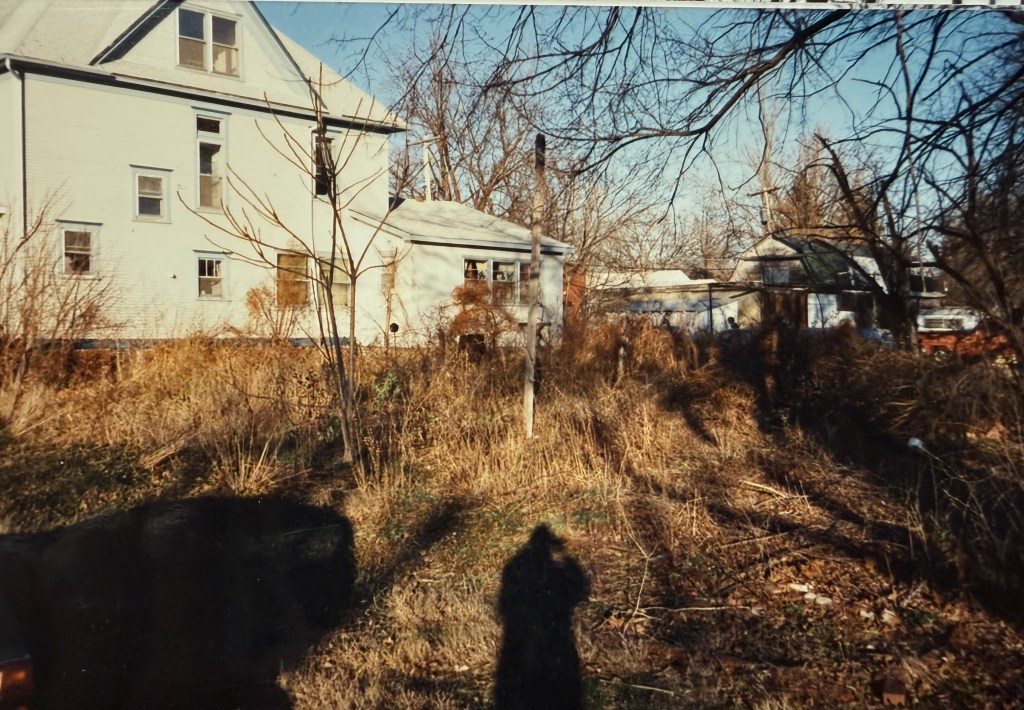 The house seen across an overgrown side lot.