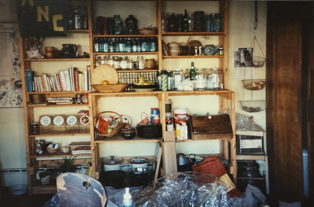 A wall of kitchen shelving full of jars and cookbooks.